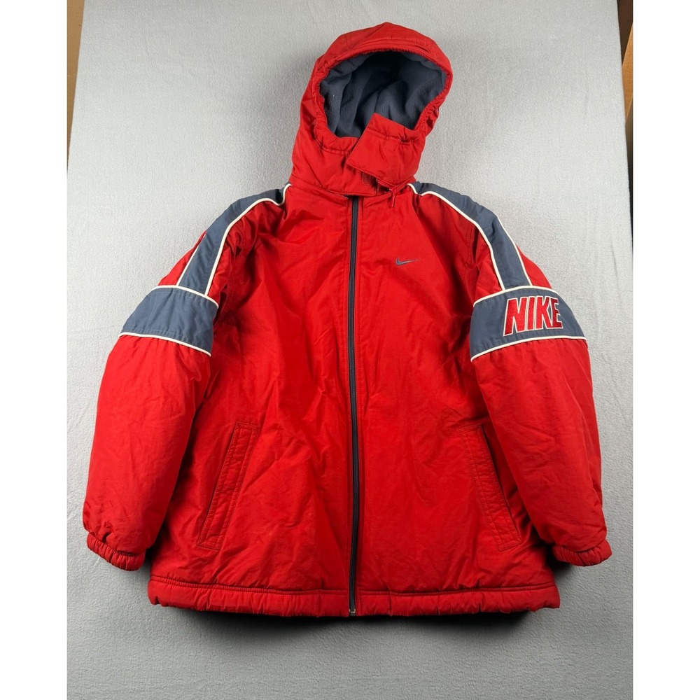 Vintage Nike Puffer Jacket Mens Medium Red Grey Full Zip Hooded Winter Coat Y2K